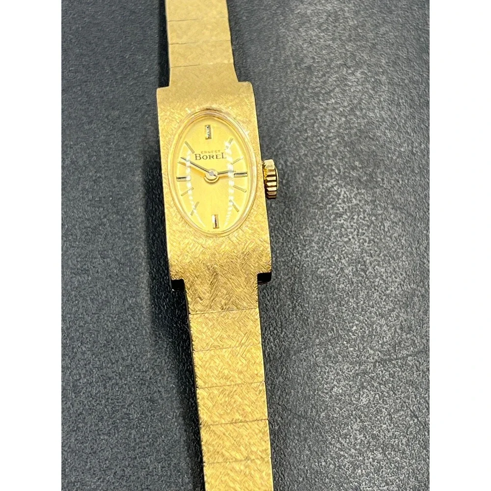 Ernest Borel Vintage Gold Textured Manual Wind Swiss Cocktail‎ Watch 10 Microns